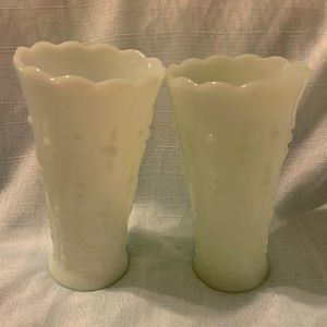 Two Anchor Hocking Tears and Pearls Milk Glass Vase, Scalloped Edge 7 Inches